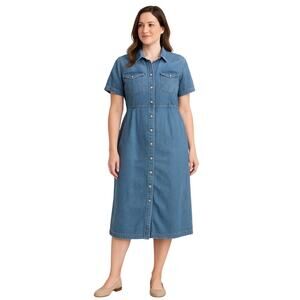 Vintage Robbie Bee Denim Midi Dress Size 12 Short Sleeve Blue Button Up Collared
